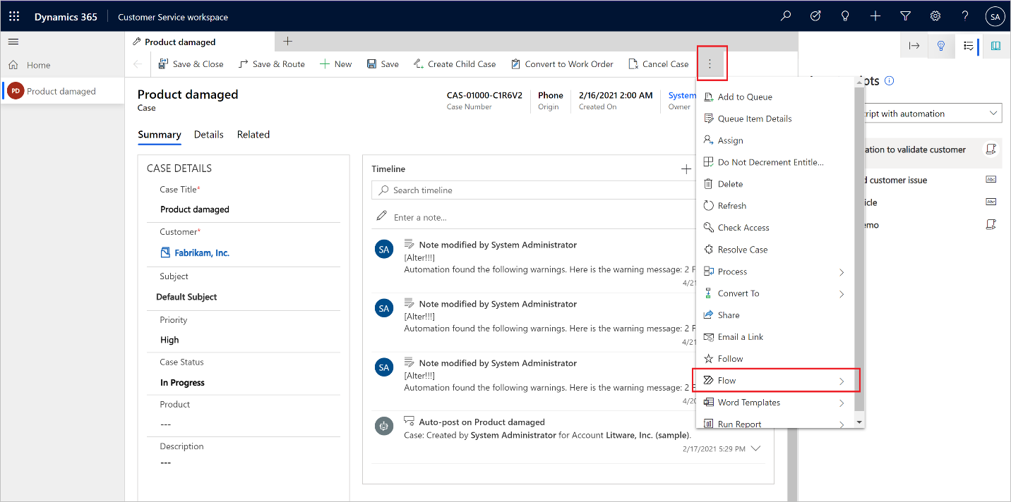Screenshot of the Flow option in the Dynamics 365 Customer Service app.