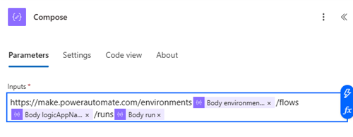 Screenshot of the Power Automate designer showing an input to the Compose action that creates the flow run URL.