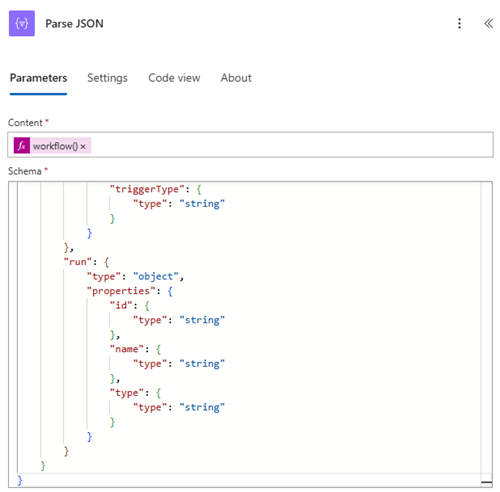 Screenshot of the Parse JSON action in the Power Automate designer showing parsing the JSON of the Workflow function.