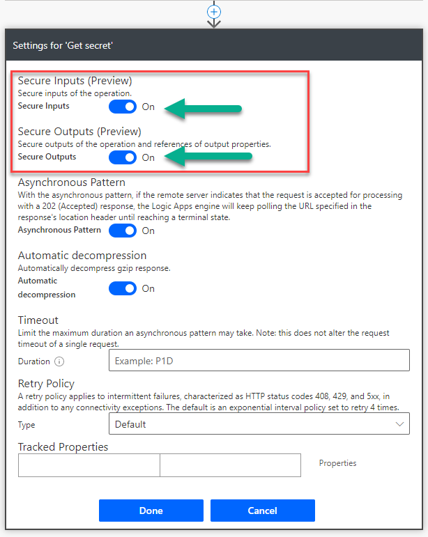 Screenshot of Secure Inputs and Secure Outputs settings in Get Secret settings screen.
