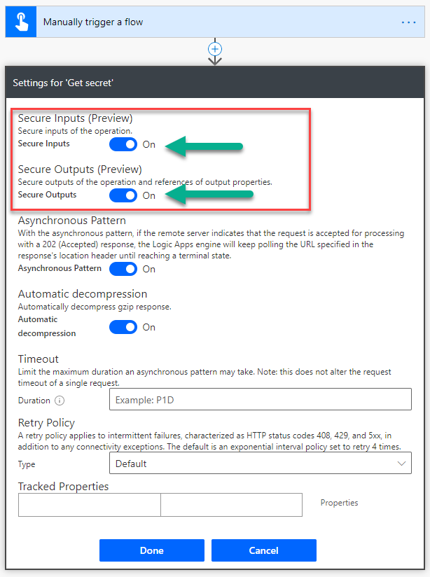 Screenshot of Secure Inputs and Secure Outputs settings in the Get Secret settings screen.