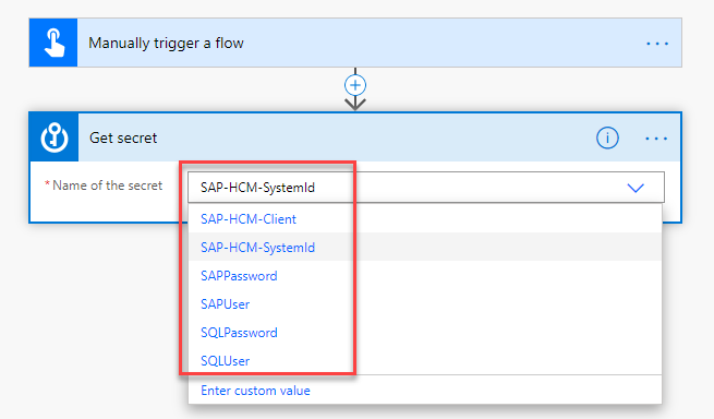 Screenshot of selecting the name of the secret from the list of secrets stored in Key Vault.