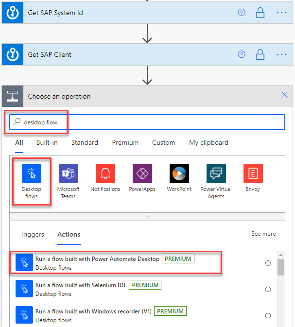 Screenshot of selecting the Run a flow built with Power Automate Desktop action.