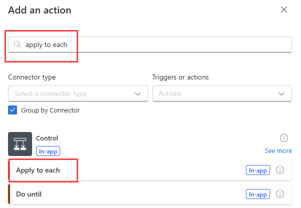 Screenshot of adding an Apply to each - Control loop.