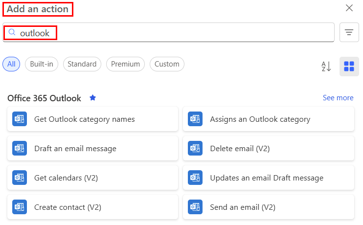 Screenshot of a list of Office 365 Outlook actions.