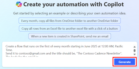 Screenshot of the Copilot interface showing the 'Generate' button.