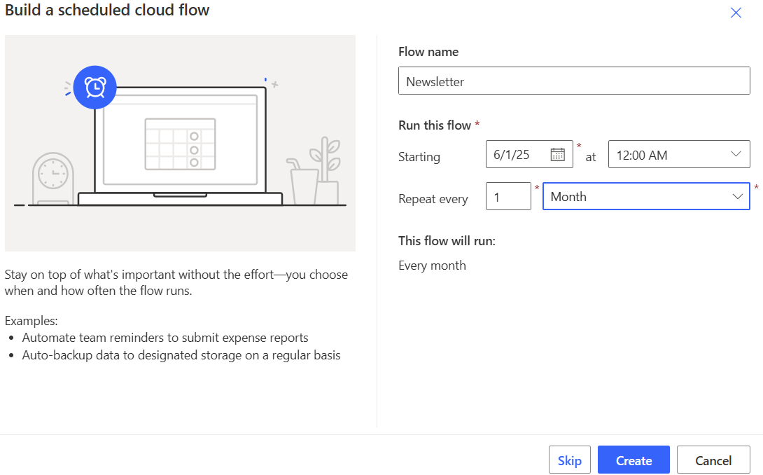 Screenshot of the 'Build a scheduled cloud flow' screen.