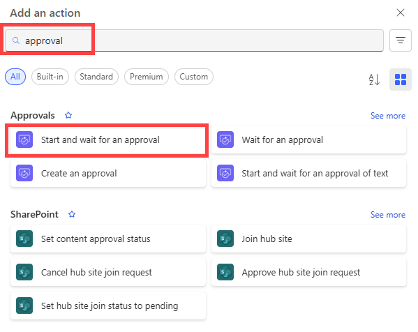 Screenshot showing how to select the approvals action in the new designer.