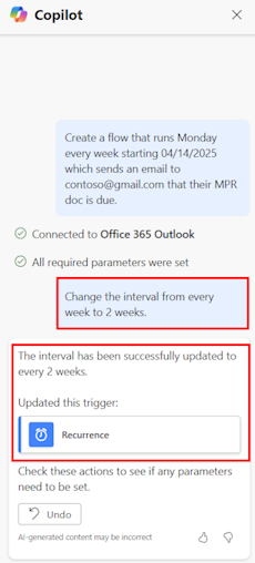 Screenshot of a prompt to create a scheduled flow in the Copilot pane.
