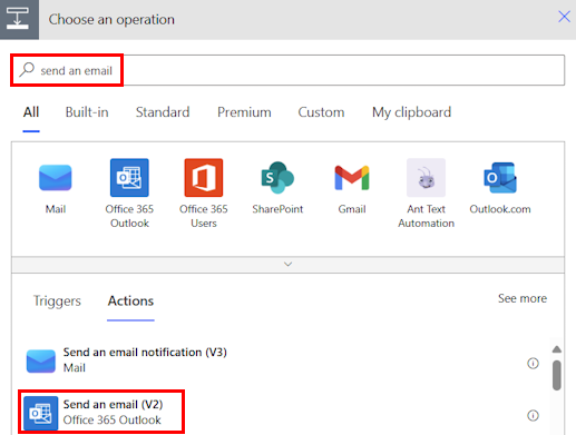 Screenshot of the 'Actions' list in the 'Choose an operation' card.