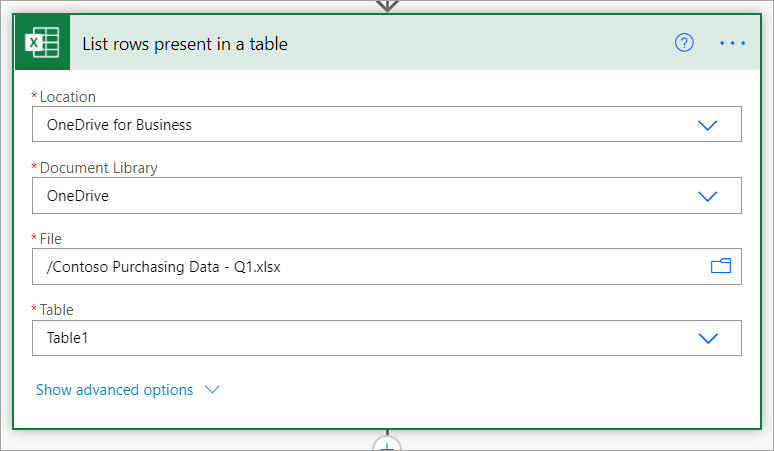 Screenshot showing the Excel Online file and table name selection.