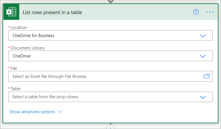Screenshot showing the location selection for the Excel Online table.