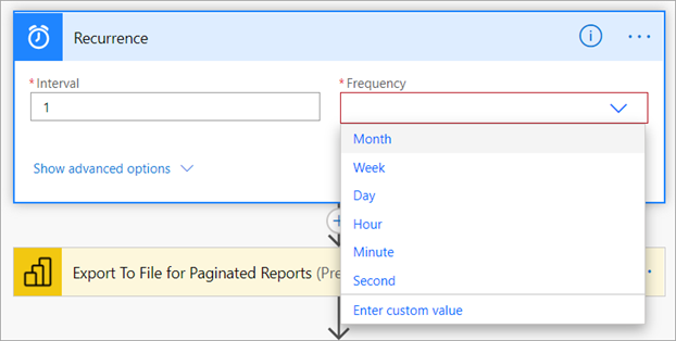 Screenshot showing the Recurrence frequency settings for your flow.