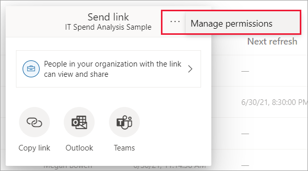 Screenshot of the Manage permissions dialog in Power BI.