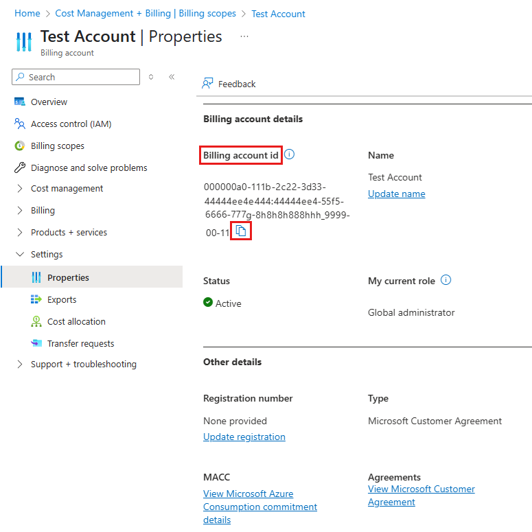 Screenshot of billing account ID highlighted in Cost management billing profile properties.