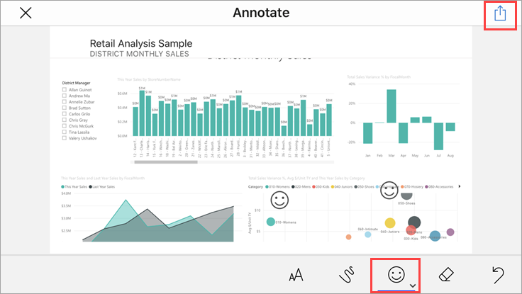Screenshot of Power BI mobile report annotation toolbar with smiley face icon for adding comments.