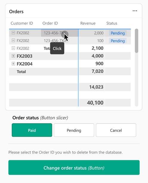 Screenshot that shows the same report example with a table, a slicer, and a data function button. The table and slicer have input selected and the button is enabled.