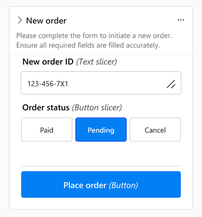 Screenshot that shows the same report example with two slicers and a data function button. The slicers have sample input and the button is enabled.