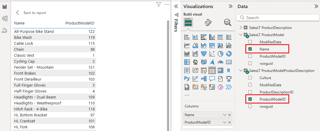 Screenshot that shows selecting the 'Name' and 'ProductModelID' columns to add to the report.