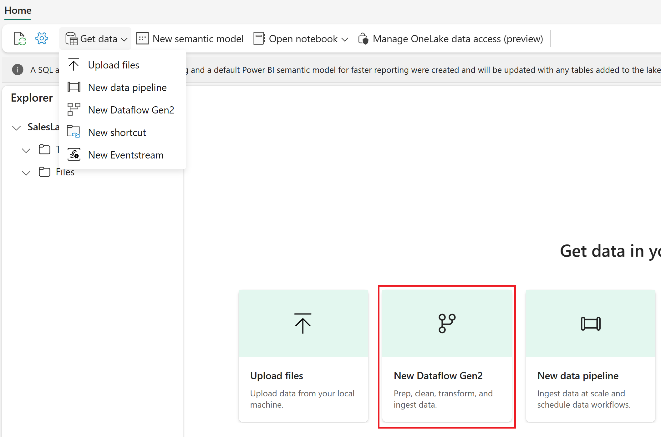 Screenshot showing the 'Get data' dropdown with 'New Dataflow Gen2' highlighted.