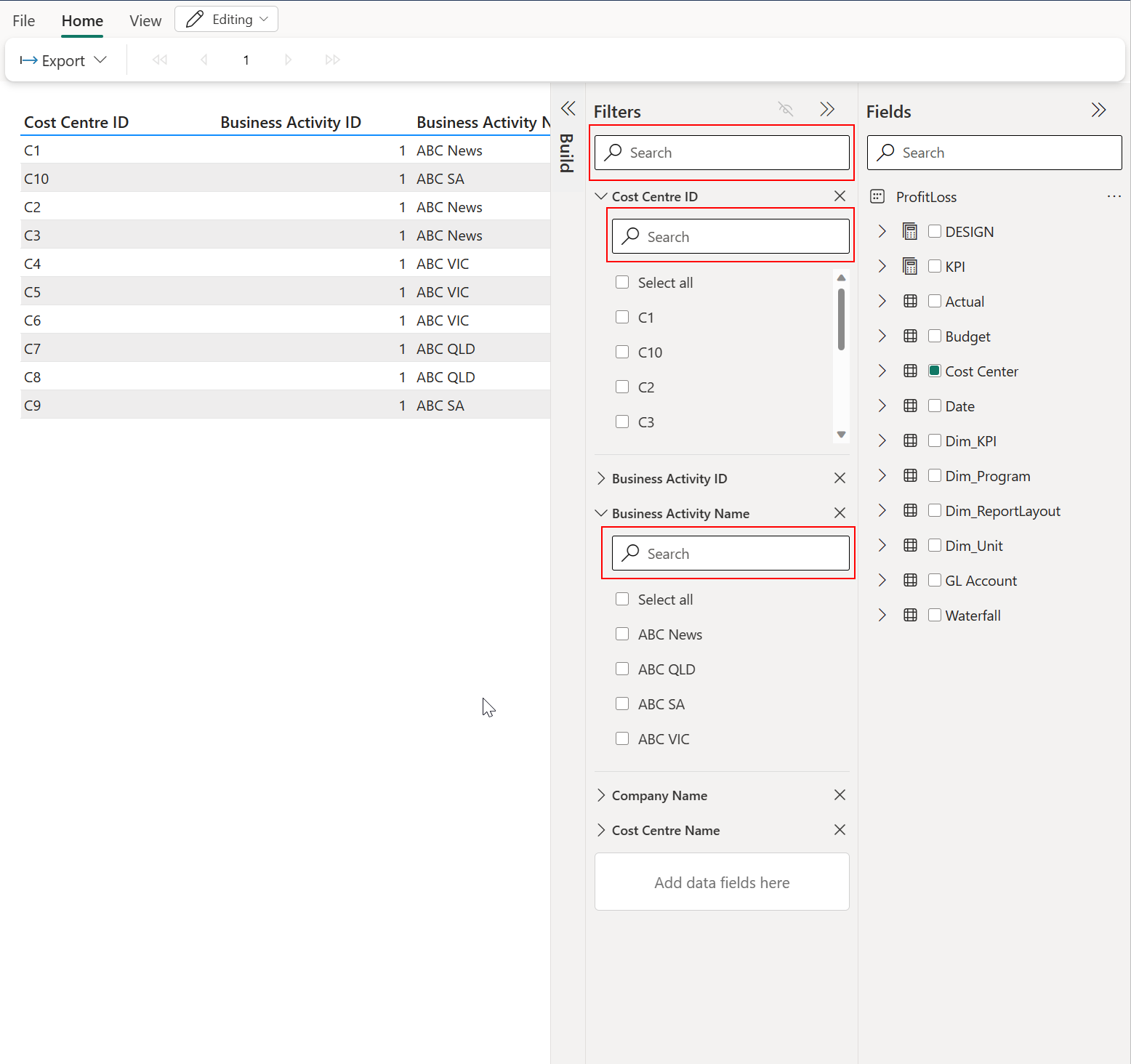 Screenshot of searching for filter values.