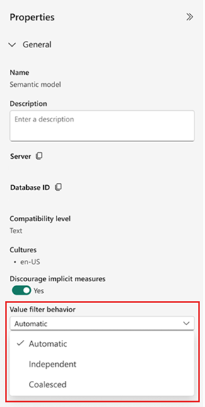 Screenshot of the properties pane in the model view. The value filter behavior options are highlighted.