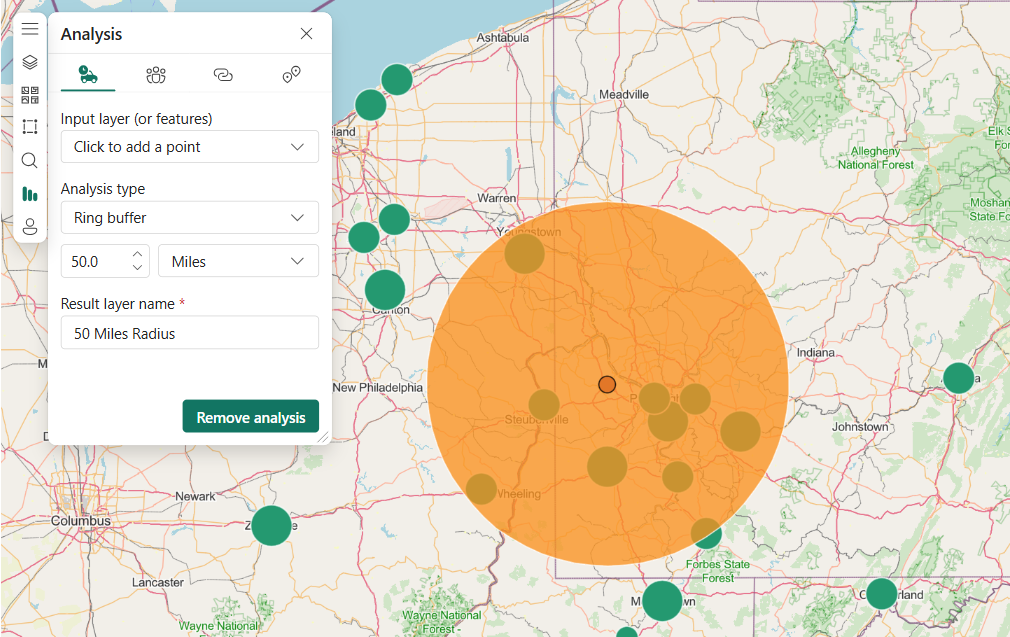 Screenshot of the map showing a 50-mile ring buffer around the pinned Pittsburgh International Airport.