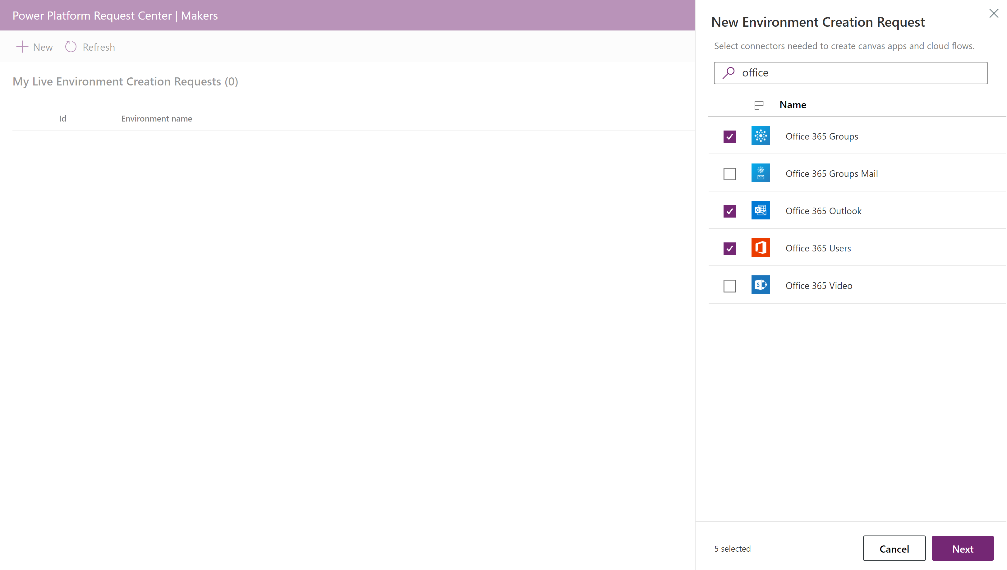 Screenshot showing the New Environment Creation Request panel where you choose connectors.