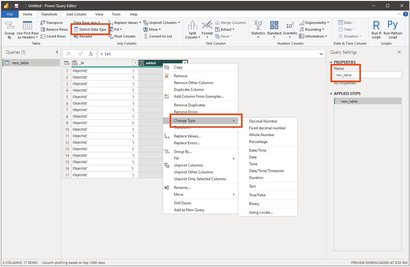 Screenshot showing Native Mongo Query transform data type.
