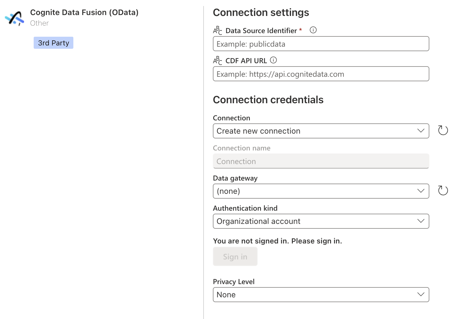 Screenshot of the Cognite Data Fusion (OData) online connection settings.