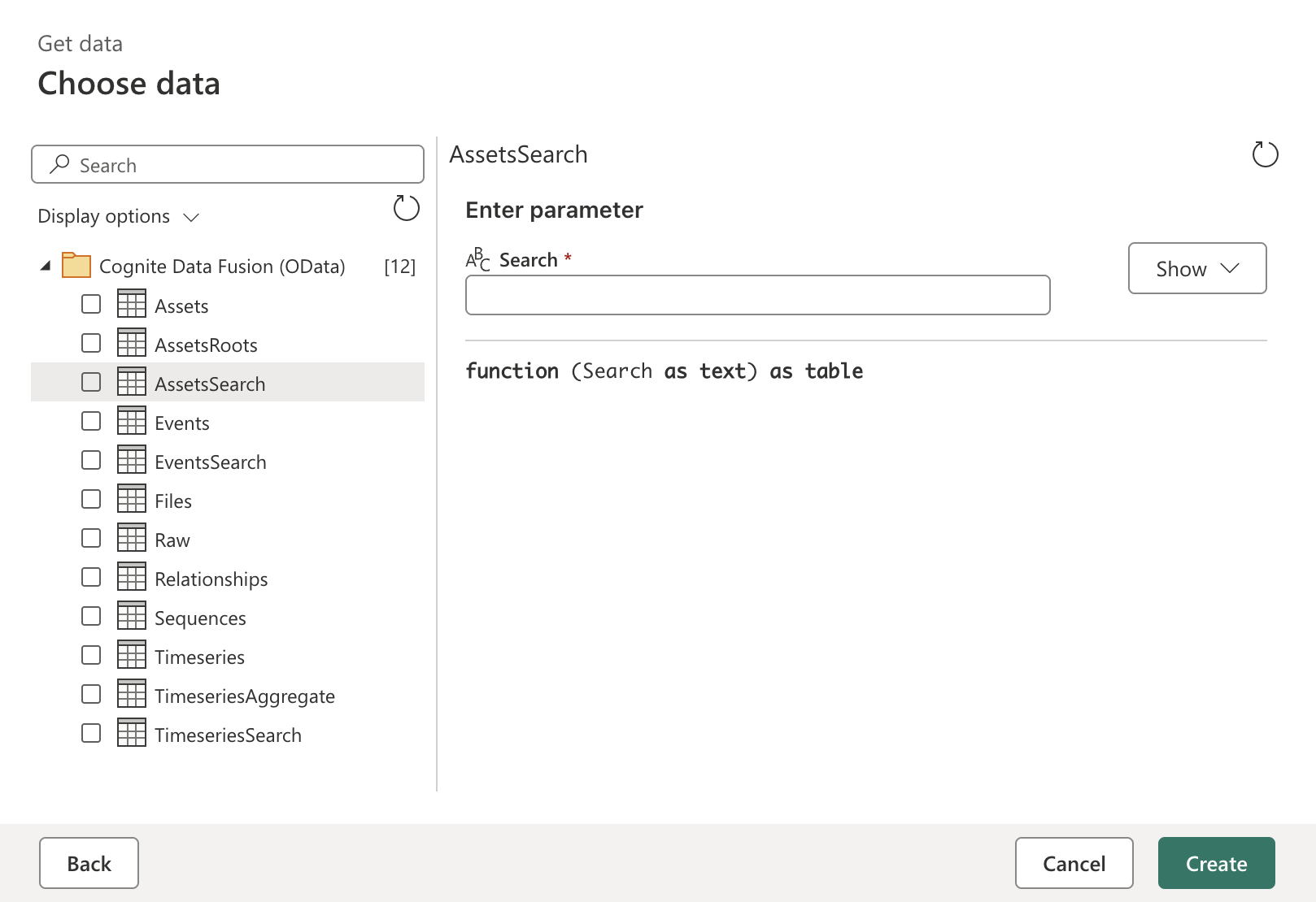Screenshot of the Power Query Online Navigator showing the available tables.
