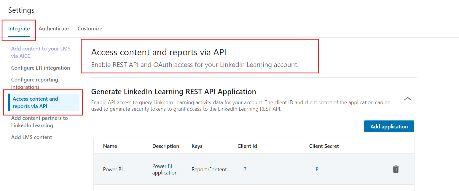 Screenshot with Client ID and Client Secret location within LinkedIn Learning integrate settings.