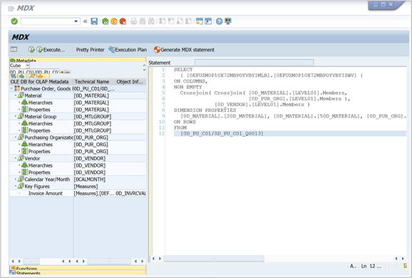 Screenshot of the MDX Test Environment where you troubleshoot an MDX statement with MDXTEST in the SAPGUI.