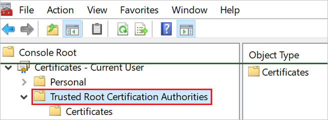 Screenshot of the Microsoft Management Console with the Trusted Root Certification Authorities folder emphasized.