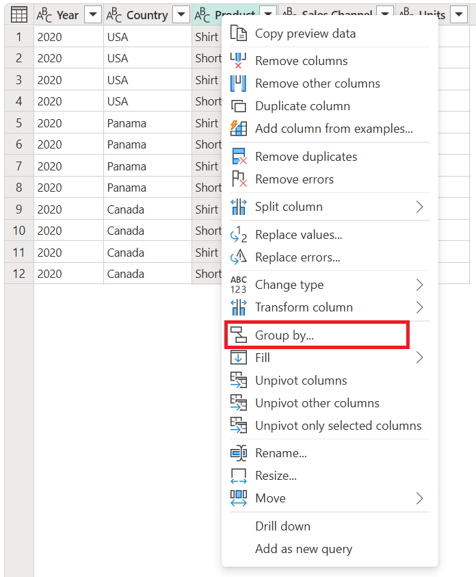 Screenshot of a table with the Group by option emphasized in the shortcut menu.