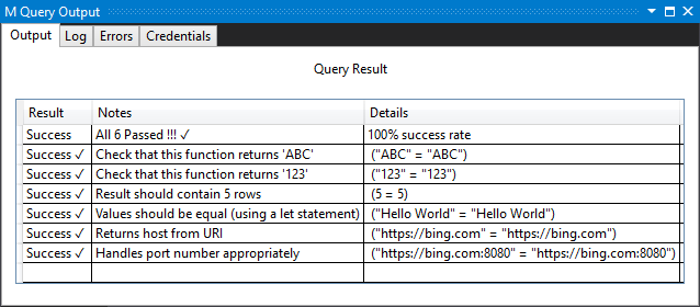 Screenshot of the Visual Studio M query output where all tests pass.