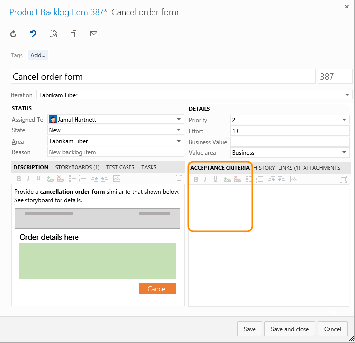 Acceptance criteria field on work item form