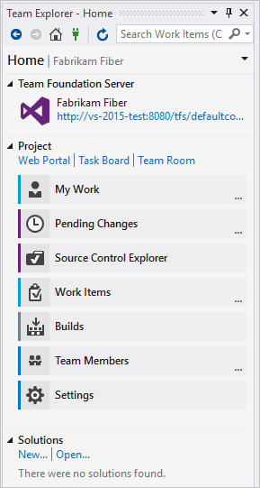 Team Explorer home page with Team Foundation Version Control (TFVC) as source control Team Explorer home page with Team Foundation Version Control (TFVC) as source control