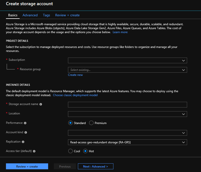 Storage account create page Storage account create page