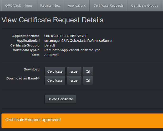 View Certificate Screenshot that shows the View Certificate Request Details and includes an approval message at bottom.