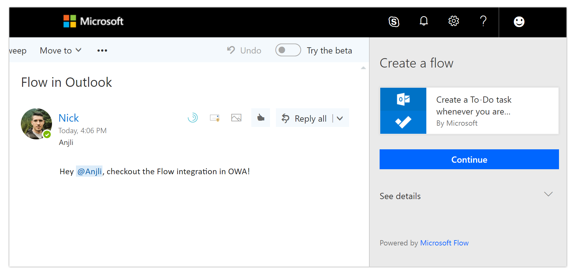 A screenshot of flow creation in the Outlook web app A screenshot of flow creation in the Outlook web app