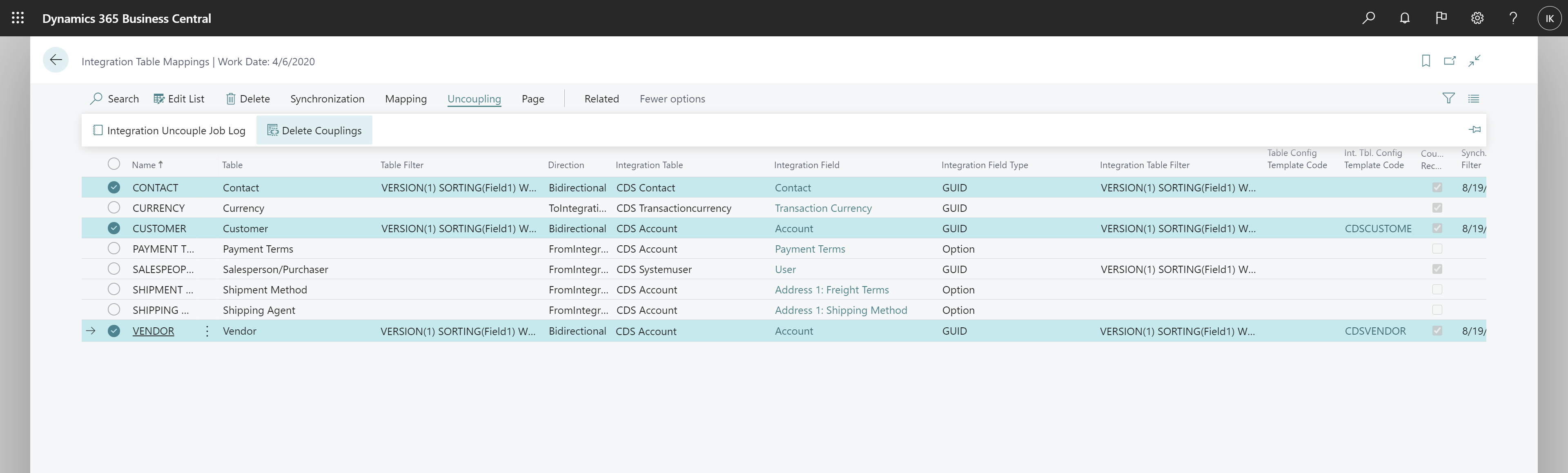 Shows Integration Table Mappings page with Uncoupling action group. Integration Table Mappings page with Uncoupling action group