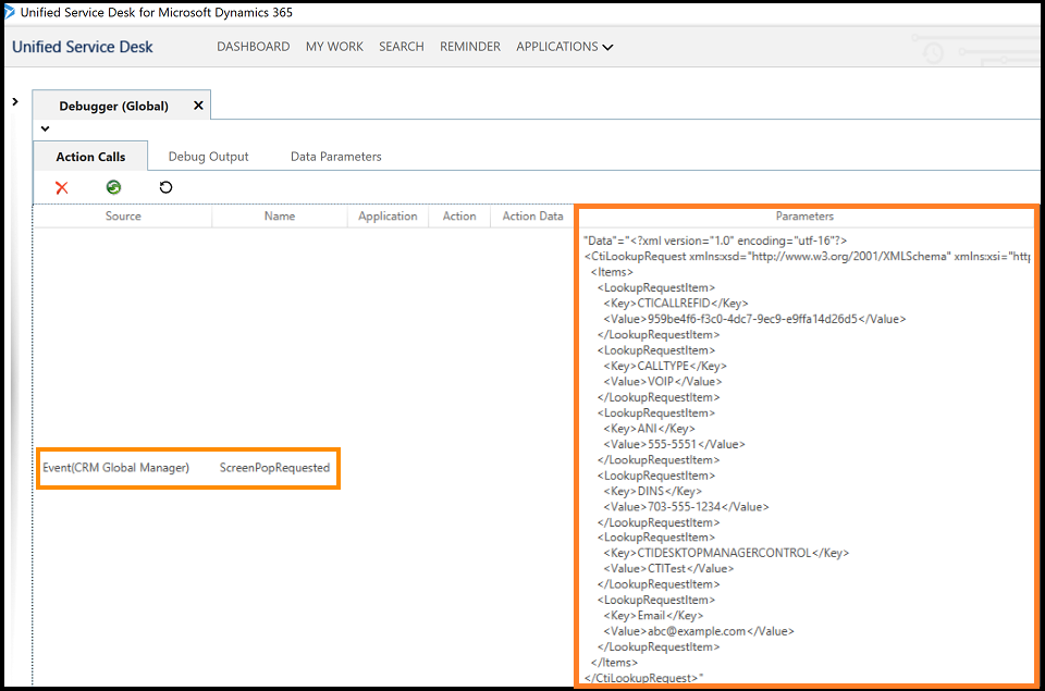 Screen pop in for the CTI event Screen pop in for the CTI event.