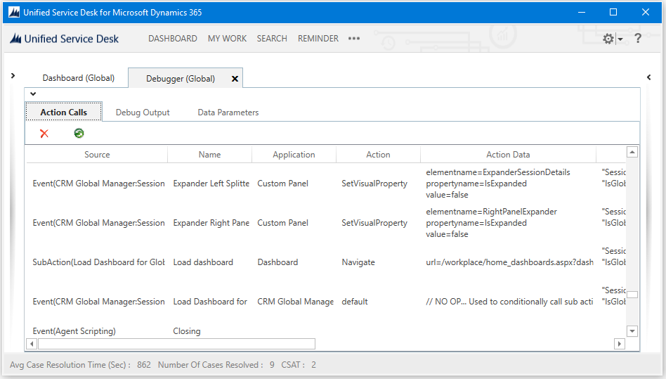 Unified Service Desk Debugger Action Calls tab