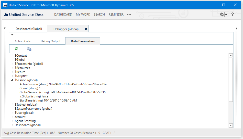 Unified Service Desk Debug Data Parameters tab