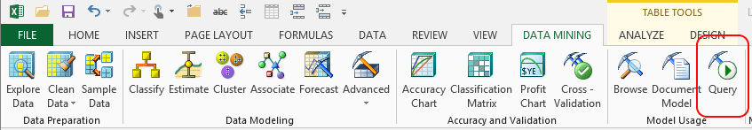 Query Model button, Data Mining ribbon