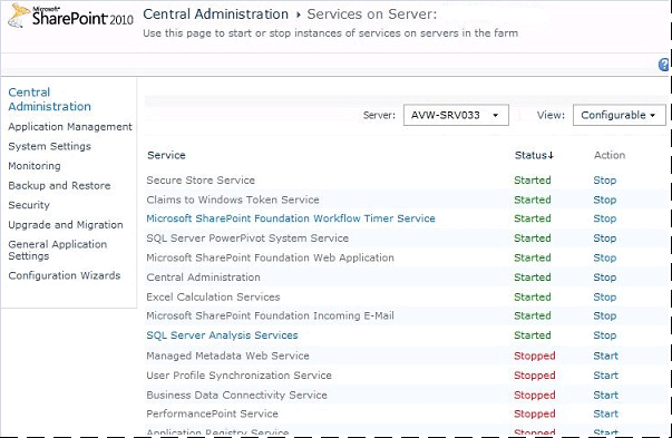 Screenshot of Manage Services on Server page Screenshot of Manage Services on Server page
