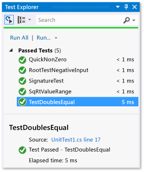 Unit Test Explorer showing passed test for equal