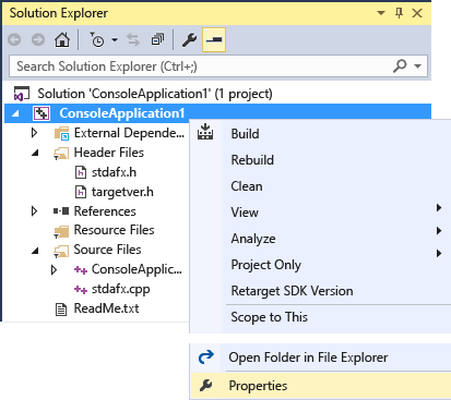 vs2015_proj_prop_menu Project context menu