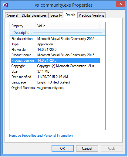 Unattended Install - Properties Dialog Box Example of the Properties dialog box in an unattended installation of Visual Studio